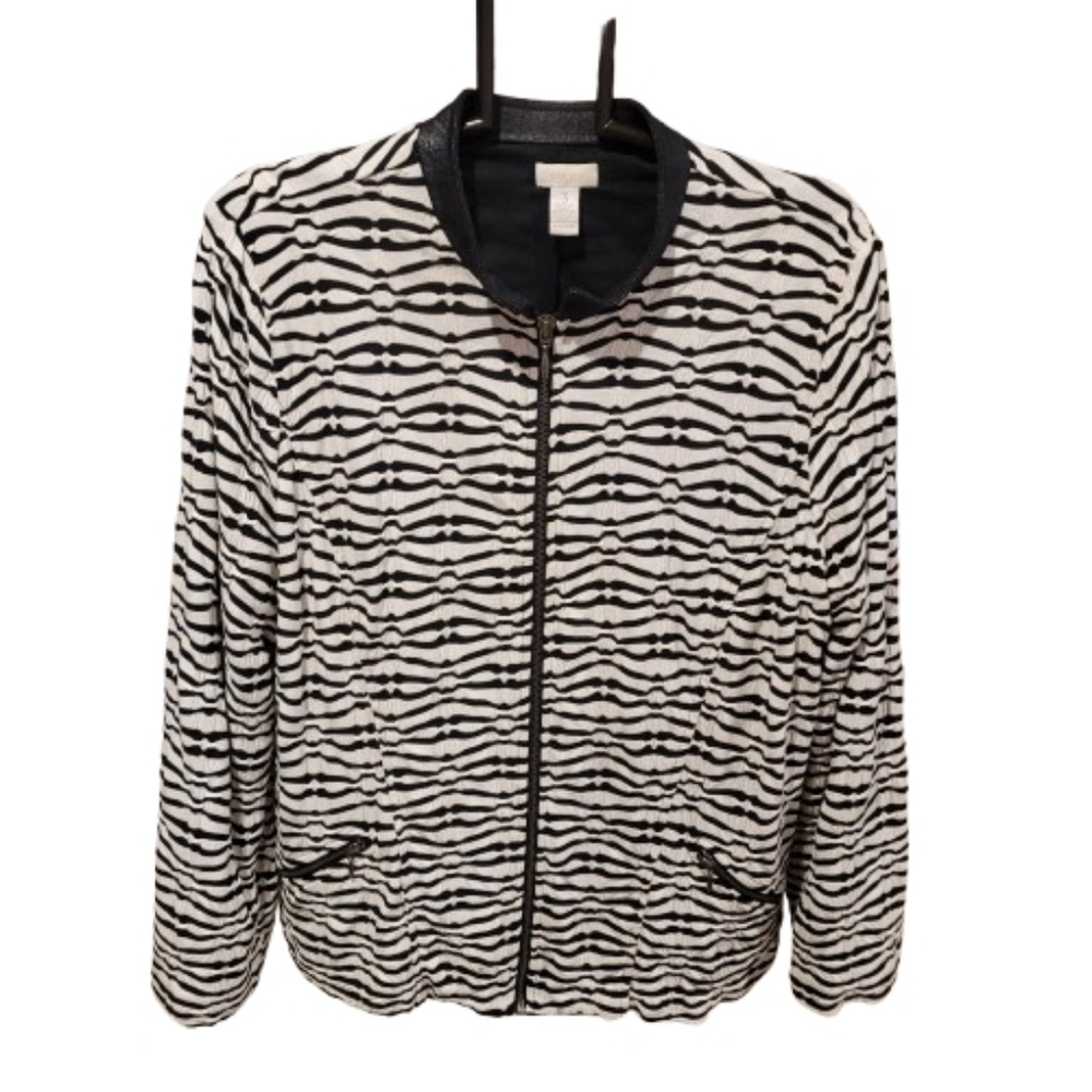 Chico's Crinkled Zebra Pattern Zip Up Jacket White Black Chico Size 3 - Picture 4 of 14